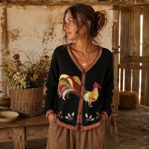 JTWO New York Rooster Farm Black Cardigan Sweater Beaded Buttons Cute M